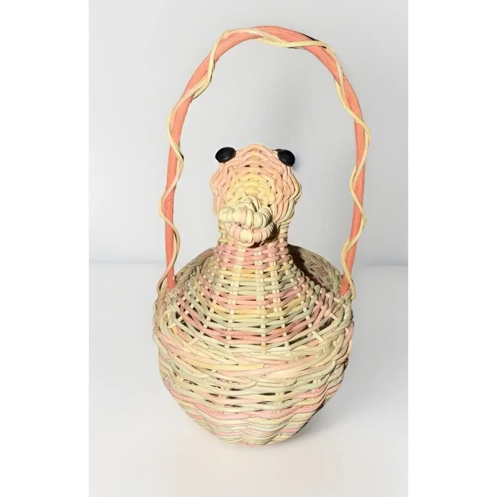 Vintage 1970’s Pastel Duck Wicker Basket with Handle Decorative Planter 8.5x5”